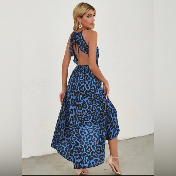 New Leopard Print Backless Asymmetrical Halter Dress - Picture 5 of 6